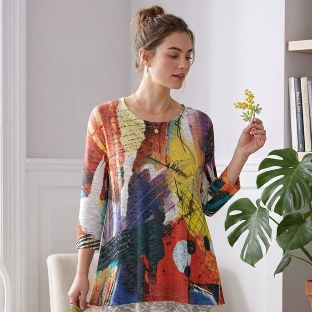 Jess & Jane Abstract Art Print Tunic Top Small 3/4 Sleeve USA Stretch Soft